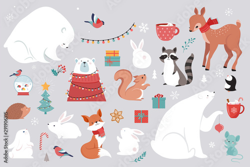 Winter forest animals, Merry Christmas greeting cards, posters with cute bear, birds, bunny, deer, mouse and penguin. 
