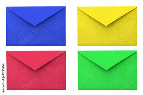 Four envelopes. Blue, red, yellow, green envelope. Colored envelopes on a white background. Paper envelopes.