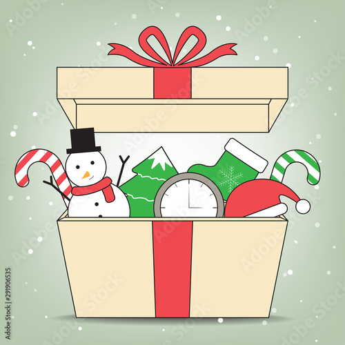 Merry christmas and new year gift in open box. Vector Illustration.