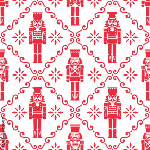 Christmas nutcrackers vector seamless pattern - Xmas soldier figurine repetitive red and white ornament, textile design