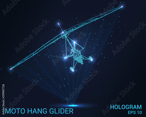 Hologram Moto hang-glider. A holographic projection of Moto hang-glider. Flickering energy flux of particles. The scientific design of the aircraft.