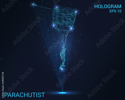 Hologram skydiver. Holographic projection of a parachutist. Flickering energy flux of particles. The scientific design of the aircraft.