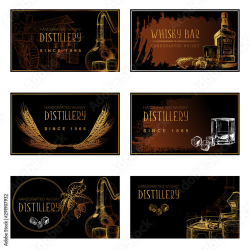 Set of business card templates for the whisky related businesses. Black and white sketch imitating chalk drawing on a blackboard. EPS10 vector illustration.