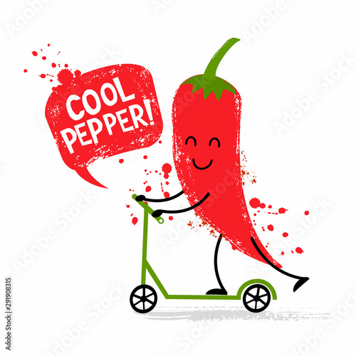 Cute chili pepper on a kick scooter. T-shirt design for kids