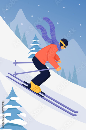 Sport activity illustration with skier in sports suit. Sportsman on downhill. Skiing in the mountains. Vector illustration.