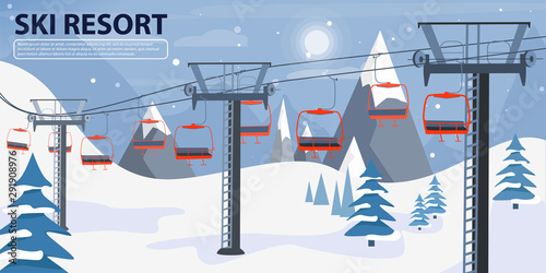 Ski resort banner illustration with ski lift. Winter landscape with mountains, fir trees and snow hills. Vector illustration.