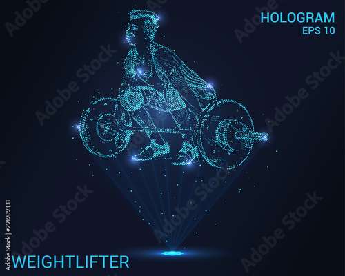 Hologram weightlifter. Holographic projection weightlifter. Flickering energy flux of particles. The scientific design of the sport.