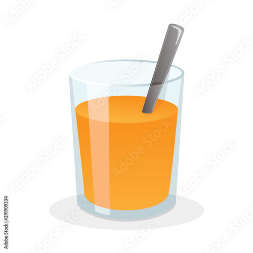 Glass of fresh orange juice with sugar and spoon. Vector illustration