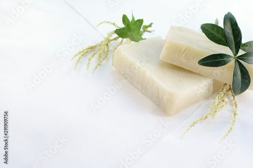 Cosmetic soap with natural ingredients for skin care. Copy space.