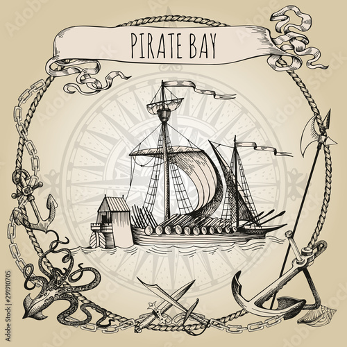 Adventure stories. Pirate background. Vintage border frame. Old caravel, vintage sailboat. Cannon, ghost ship, shipwreck, sea battle