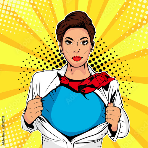 Pop art female superhero. Young sexy woman dressed in white jacket shows superhero t-shirt. Vector illustration in retro pop art comic style. photo