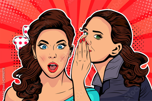 Woman whispering gossip or secret to her friend. Colorful vector illustration in pop art retro comic style. 