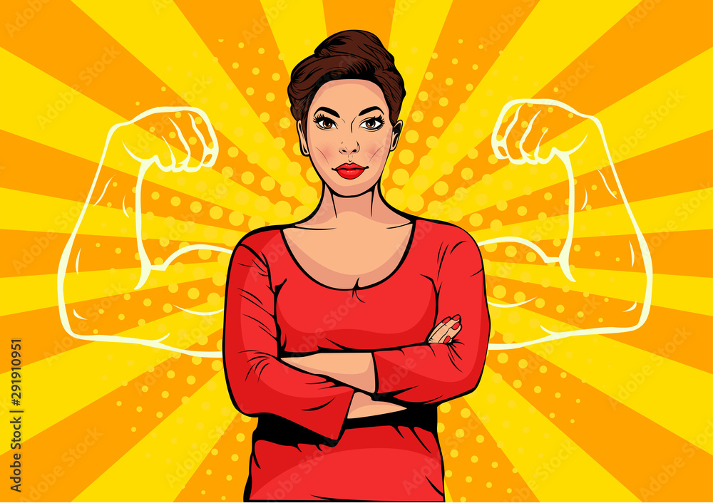 Fototapeta Businesswoman with muscles pop art retro style. Strong Businessman in comic style. Success concept vector illustration.