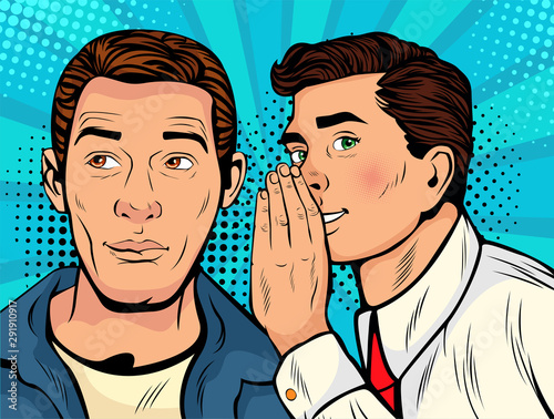 Man whispering gossip or secret to his friend. Colorful vector illustration in pop art retro comic style. 