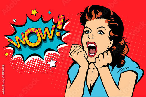 Sexy surprised blonde pop art woman with wide open eyes and mouth and rising hands screaming. Vector background in comic retro pop art style. Party invitation. photo