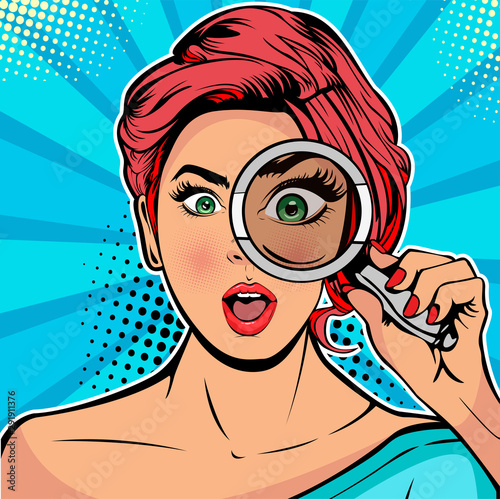 The woman is a detective looking through magnifying glass search. Vector illustration in pop art retro comics style