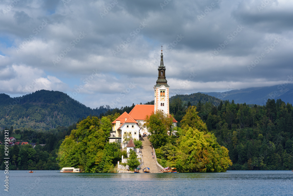 Bled Island with the church, recognizable symbol of the lake Bled (Blejsko jezero) in the Julian Alps of Slovenia Bled Island with the church, recognizable symbol of the lake Bled (Blejsko jezero) in the Julian Alps of Slovenia
