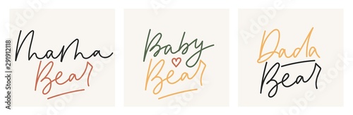 Mama dada baby bears lettering colorful card set vector illustration. Handwriting phrase for kid, mother and father. Family inspirational postcard or cover, creative idea
