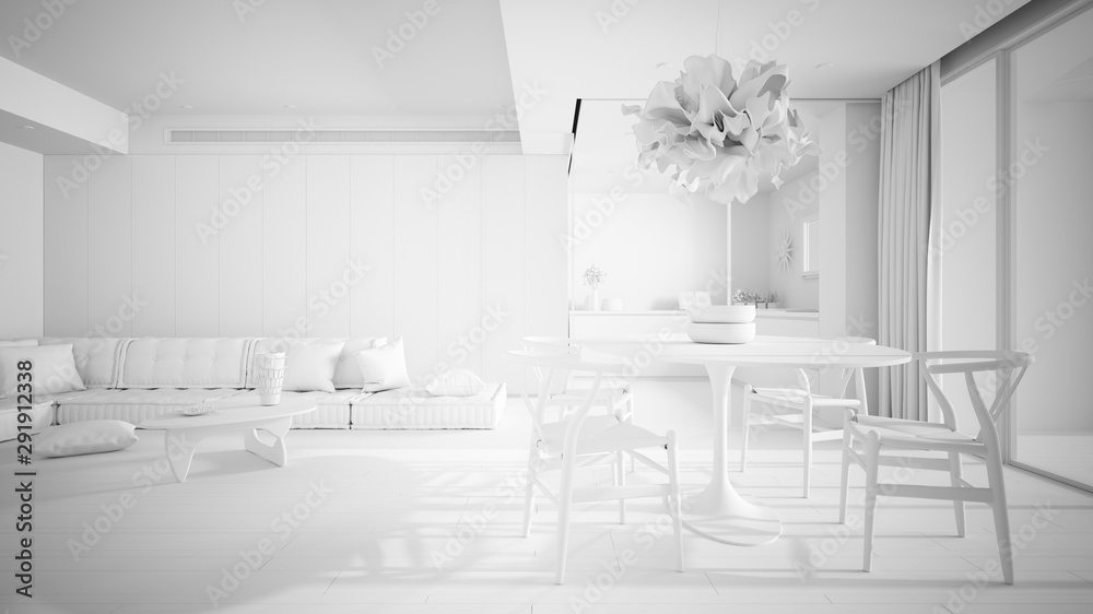 Φωτογραφία Total white project of minimalist living room with kitchen and dining table, sof