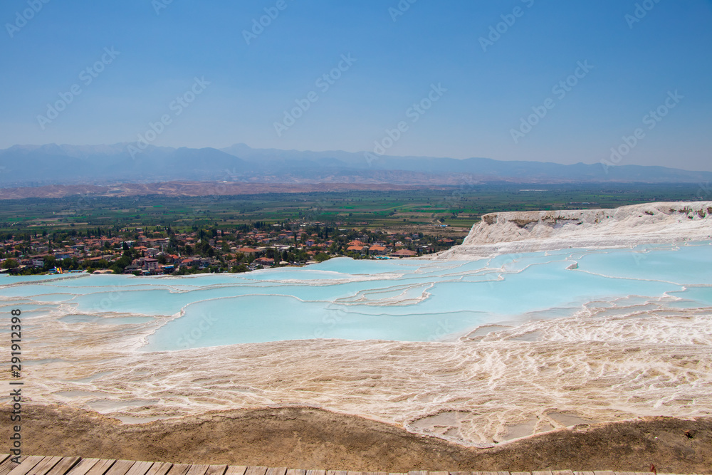 Natural beauty blue crytal ponds and lakes at the cotton castle Pamukkale in Turkey Aisa.
