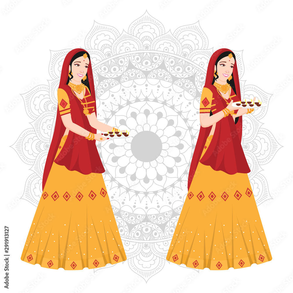 Beautiful women holding plate of oil lamp (Diya) on mandala pattern background.