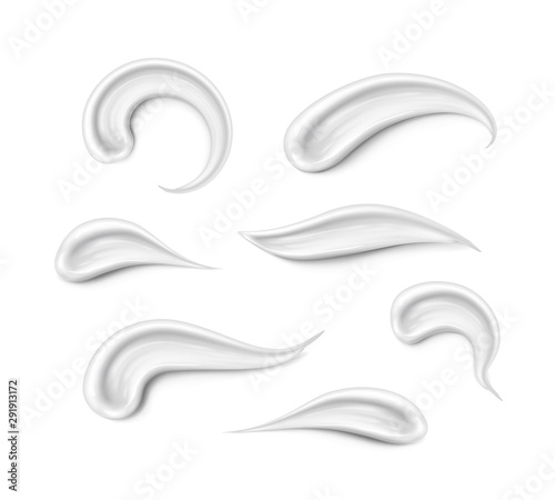 Cream texture stroke set isolated on white background. Facial creme, foam, gel or body lotion skincare elements. Vector face cosmetic product smear swatch.