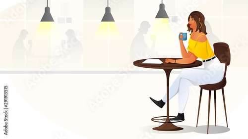 Young girl drinking tea or coffee sitting on cafe.