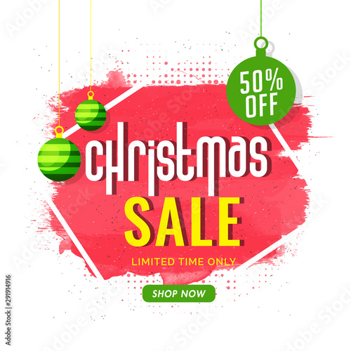 Christmas Sale poster or template design with 50% discount offer and hanging baubles on brush stroke halftone effect background.