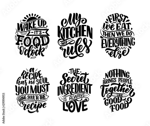 Set with vector quotes in hand drawn unique typography style, elements for greeting cards, decoration, prints and posters. Handwritten lettering about food and cooking.