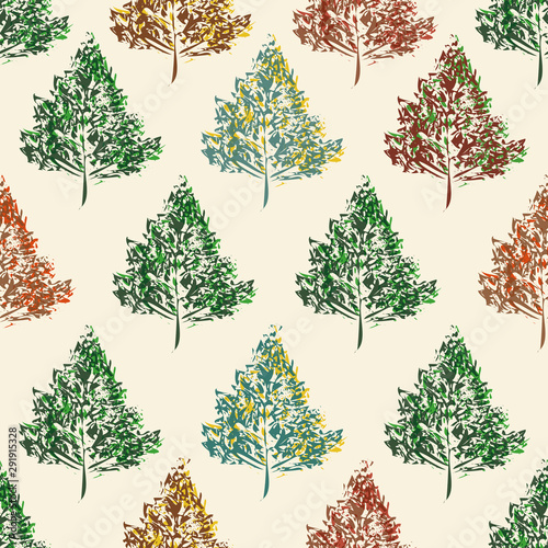 Stylish abstract trees in green  red  and blue fall colours. Seamless vector pattern on cream colored background. Vintage style with a modern twist. Great for fabric  decor  scrapbooking  stationery