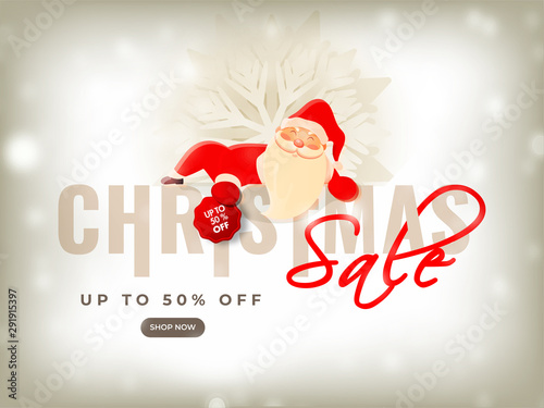 Christmas Sale banner or poster design with 50% discount offer and cute santa on shiny blur background.