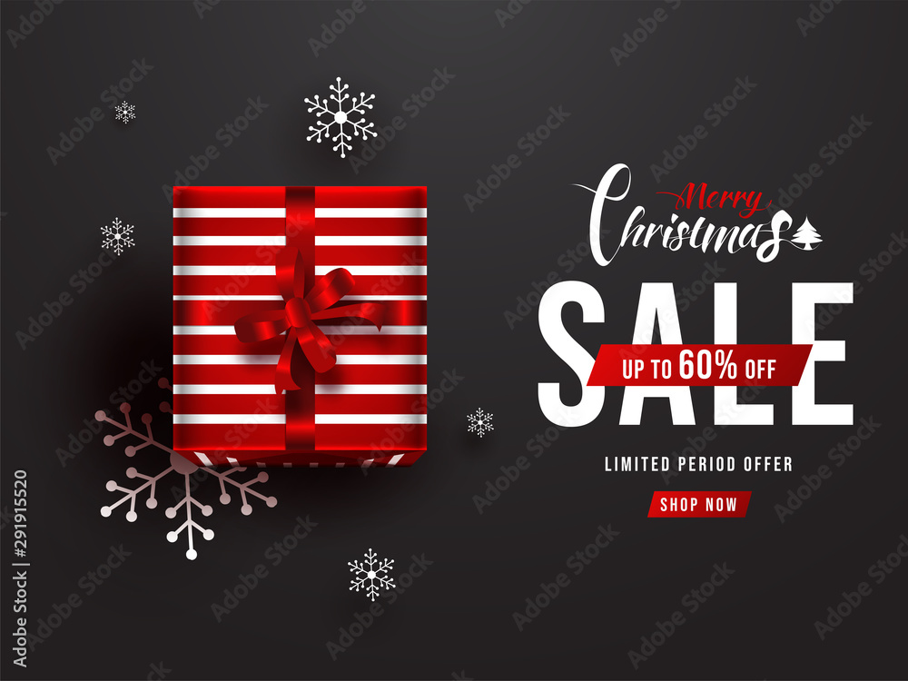 Φωτογραφία Top view of gift box with snowflakes and 60% discount offer for Merry Christmas Sale banner or poster design