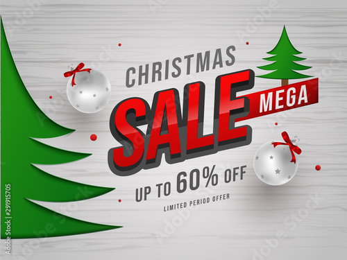 Mega Sale banner or poster design with 60% discount offer and baubles for Christmas celebration concept.