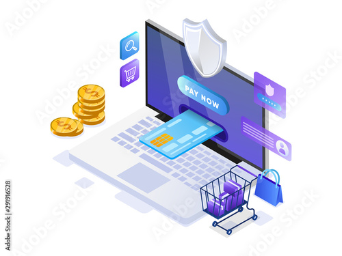 Mobile payment or money transfer with laptop concept. E-commerce market shopping online Isometric illustration. Template for web landing page, banner, presentation, social media, print media