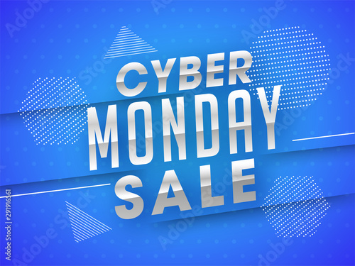 Typography of Cyber Monday Sale on blue abstract geometric background.