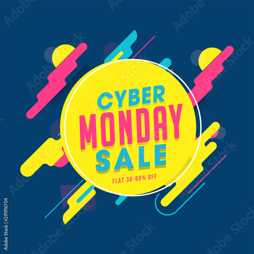 Cyber Monday Sale poster or template design with 30-80% discount offer on abstract background.