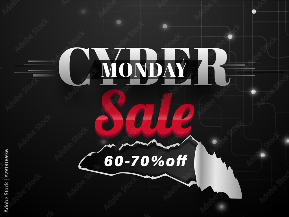 Cyber Monday Sale banner or poster design with 60-70% discount offer on black circuit background.