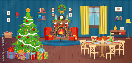Christmas interior with fireplace, Christmas tree, window, armchairs, bookshelf, desk and holiday table with food. Сartoon vector illustration.