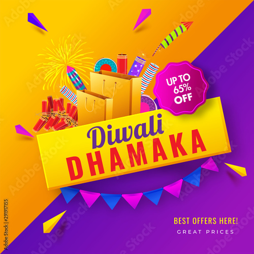 Diwali Dhamaka poster or template design with 65% discount offer and firecracker element on orange and purple background.