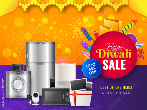 Home appliance electronic sale banner or poster design with 65% discount offer and firecrackers for Happy Diwali celebration.