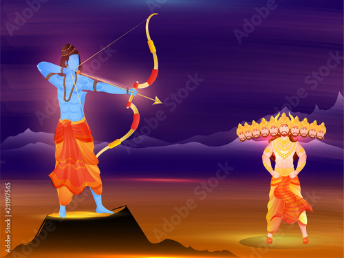 Illustration of Lord Rama killing to Ravana demon showing performance on the occasion of Happy Dussehra celebration concept. photo