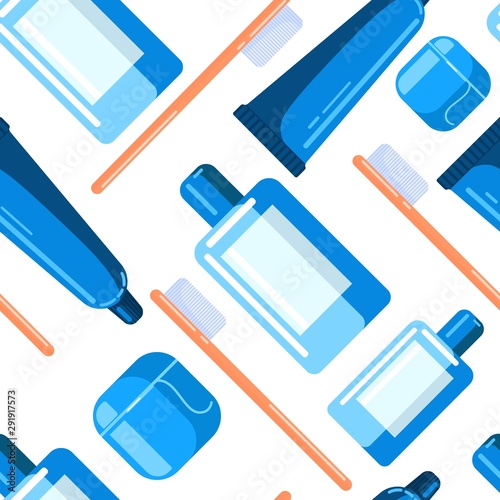 Set of mouth care seamless pattern flat lay. A tube of toothpaste, mouthwash, toothbrush and dental floss
