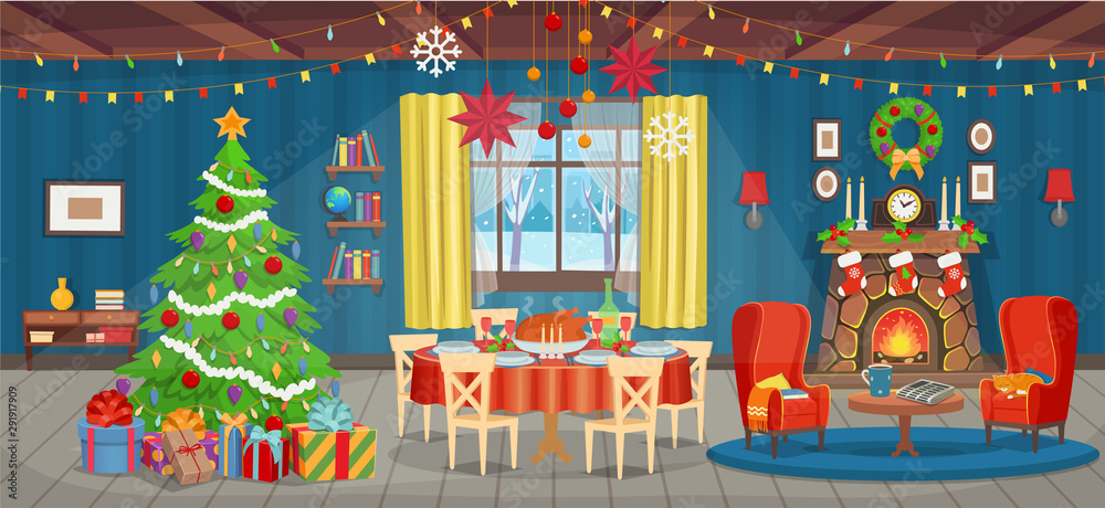 Christmas interior with fireplace, Christmas tree, window, armchairs, bookshelf, desk and holiday table with food. Сartoon vector illustration.