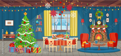 Christmas interior with fireplace, Christmas tree, window, armchairs, bookshelf, desk and holiday table with food. Сartoon vector illustration.