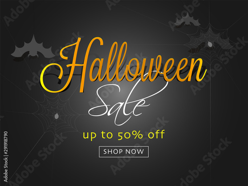 Advertising banner or poster design with spider web  bats and 50  discount offer for Halloween Sale.
