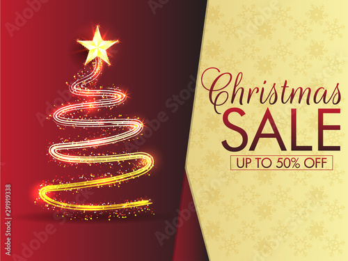 Christmas Sale banner or poster design with 50% discount offer and creative xmas tree made by glitter lighting effect.