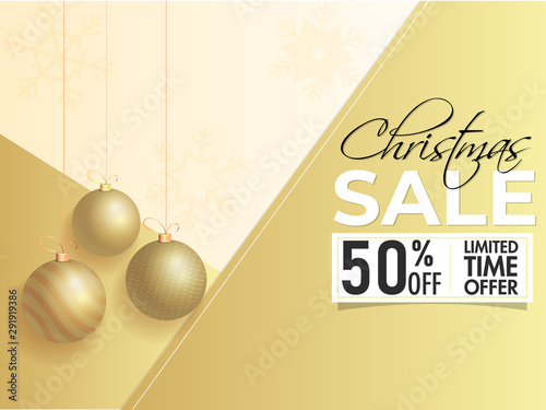 Christmas Sale banner or poster design decorated with hanging bauble balls and 50% discount offer for Limited Time Offer.