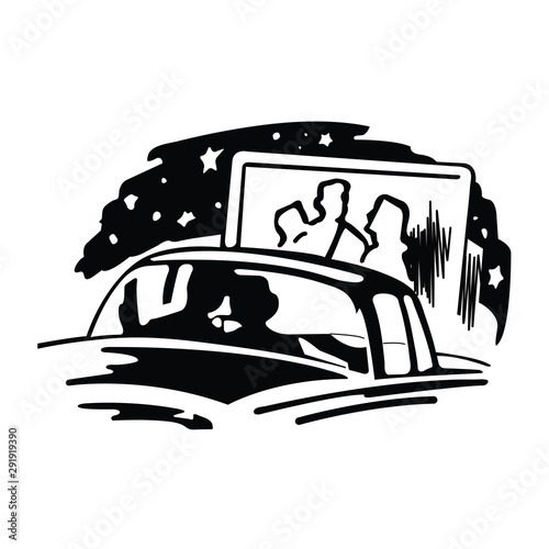 Family watching movie in car illustration - VECTOR