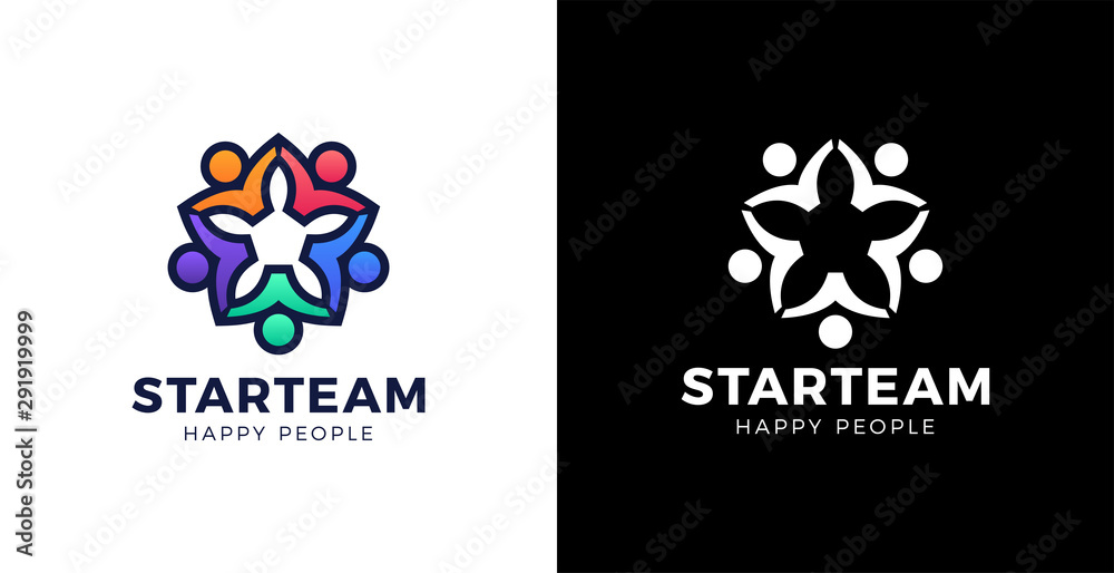 Five People made Star shape Logo Design Template. teamwork people group vector logotype. Design illustration
