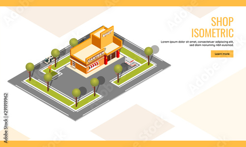 Top view of canteen shop building with vehicle parking yard background for Shop concept based isometric landing page design.